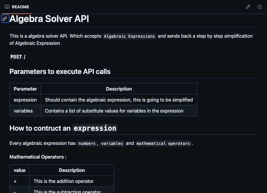 Algebra API documentation with an expression input, variable parameters, and supported operators.