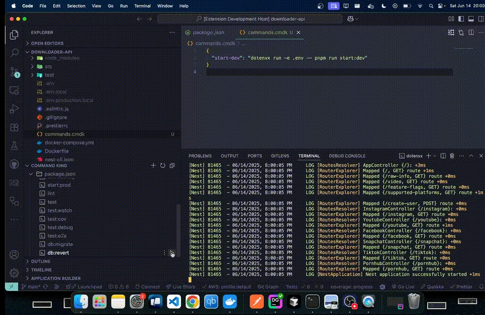 Command King running in VS Code with a workspace command tree, a .cmdk configuration, and an integrated terminal.