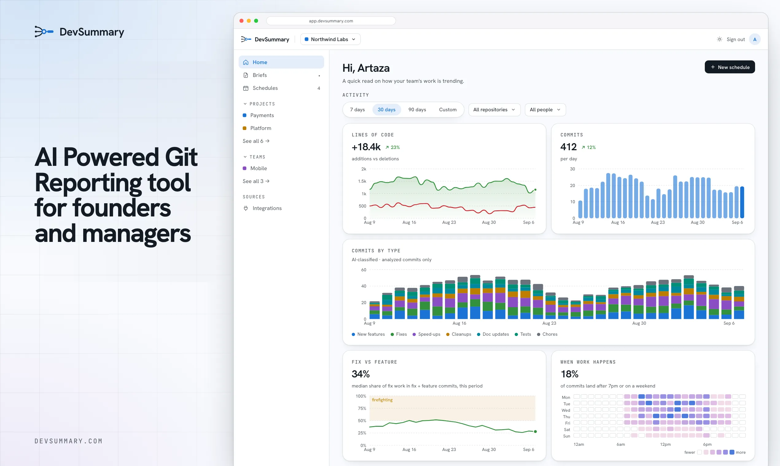 DevSummary dashboard preview showing code changes, commit volume, work categories, and activity charts.