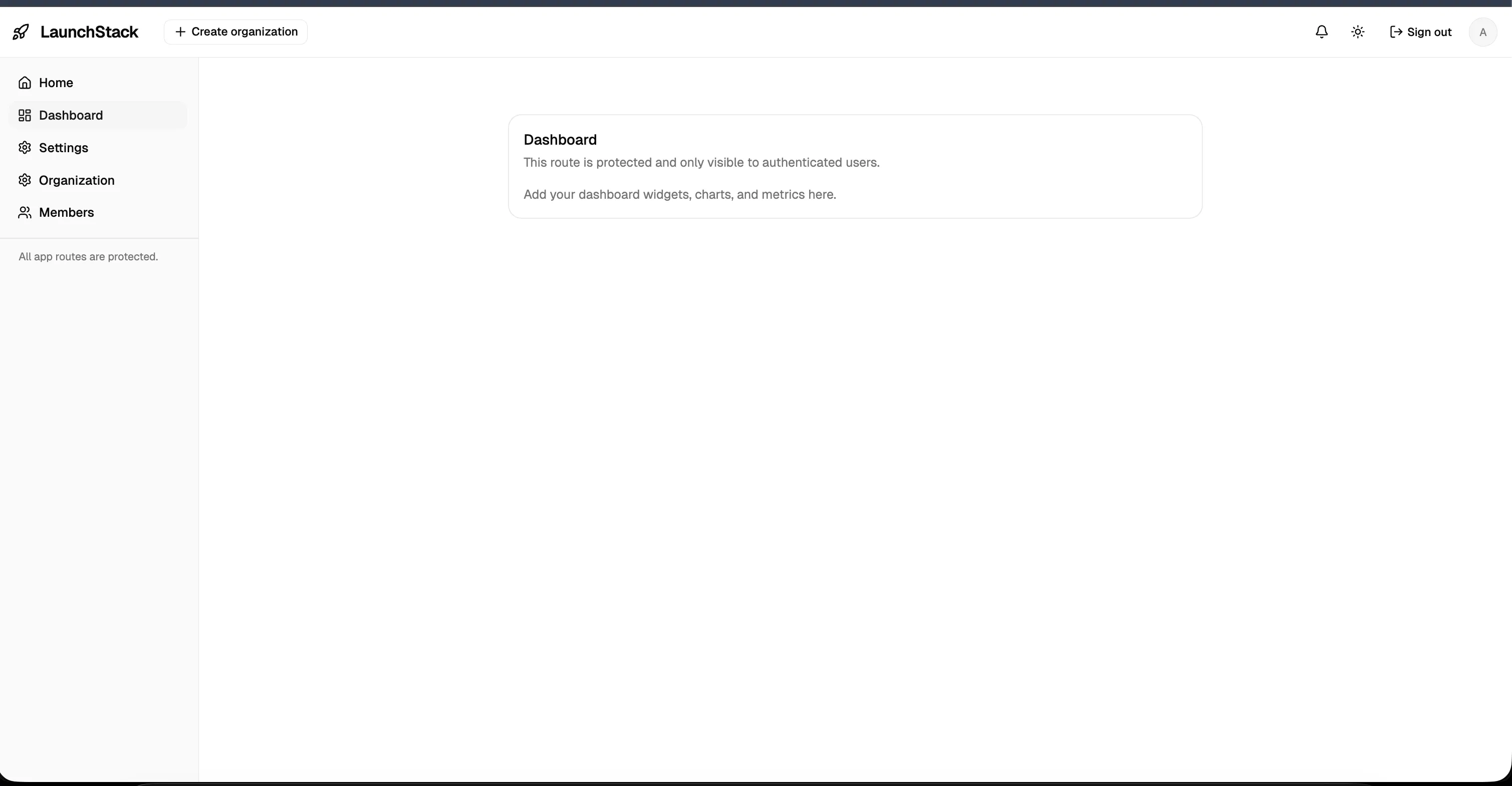 LaunchStack dashboard with sidebar navigation and organization controls.