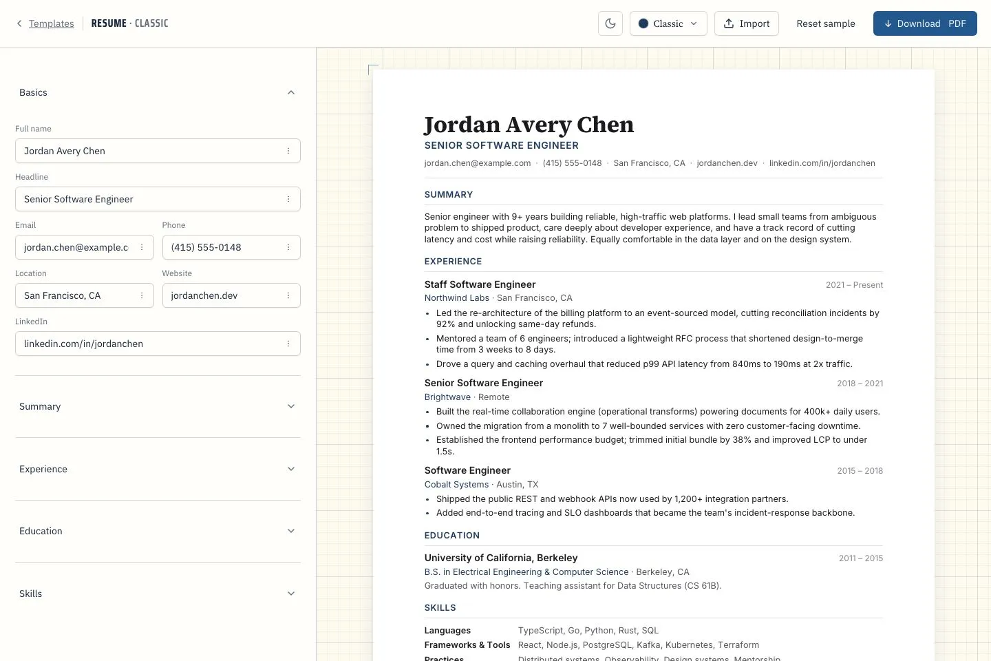 Papersfly’s Classic resume editor with a content form, live document preview, and Download PDF button.
